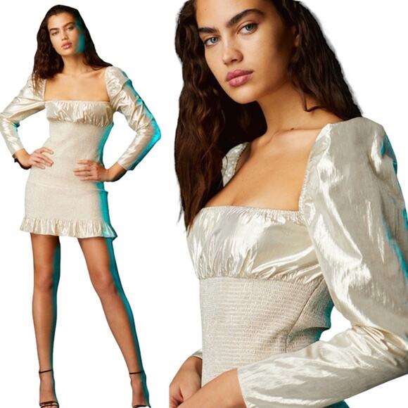 Aritzia Wilfred Smocked Metallic Bodycon Ballad Mini Dress Puff Sleeve Gold SZ M - Picture 1 of 10